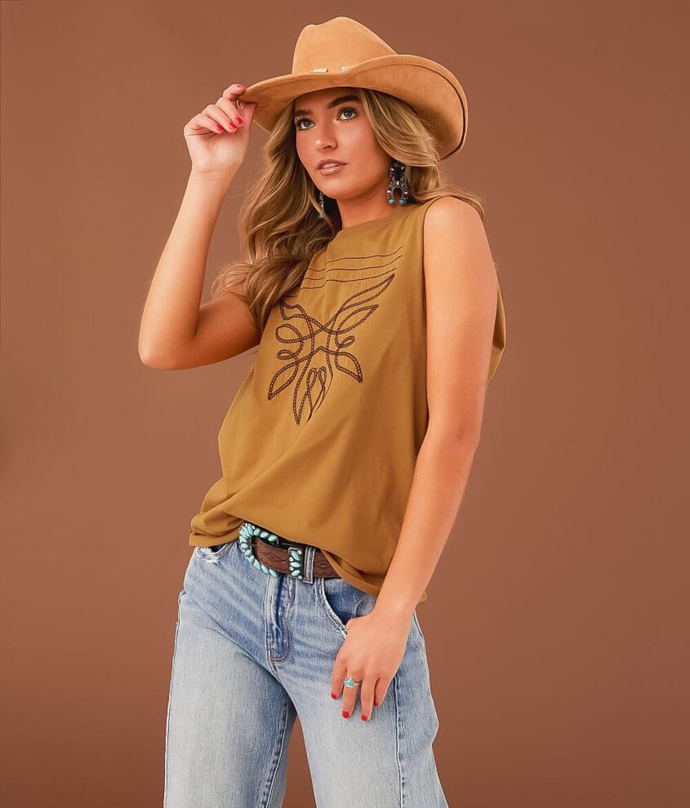 STERLING & STITCH Brown Boot Stitch Design BOHO Desert Open Back Shirt sz Large